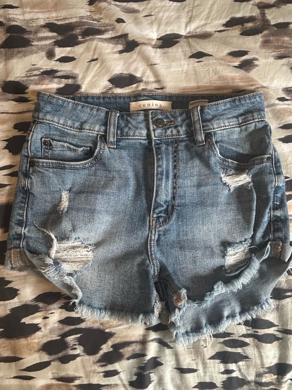 eunina Light Blue Distressed Denim Shorts